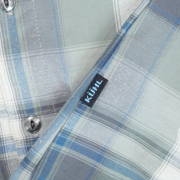 Kuhl Elixir Tapered Fit Short Sleeve Button Up Blue Green Plaid Shirt Mens L - Picture 15 of 16